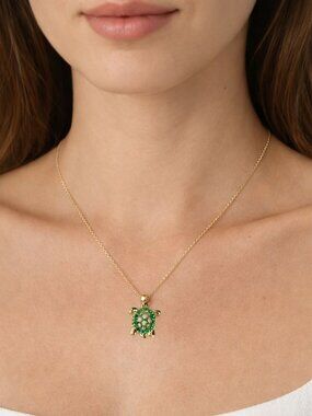Green Turtle Necklace Cubic Zirconia Gold Toned New